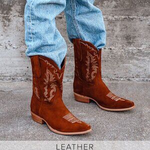 Lulus Eastwood Cognac Suede Leather Pointed-toe Mid-calf Cowboy Boots Brown
